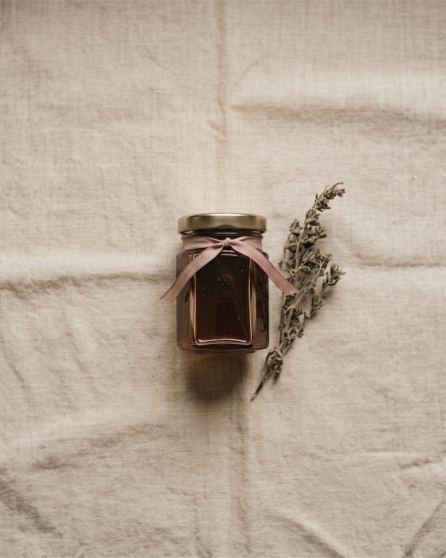 A sealed honey jar tied with ribbon, resting on linen.